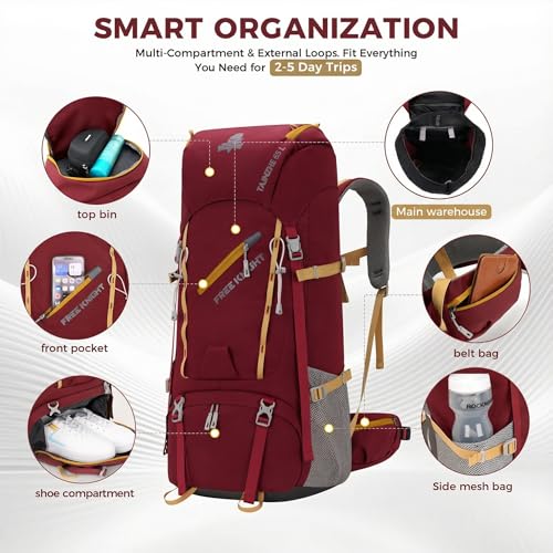 Bseash 65L Waterproof Hiking Camping Backpack with Rain Cover, Outdoor Sport Travel Daypack for Climbing Touring (Wine Red) - color: Wine Red
