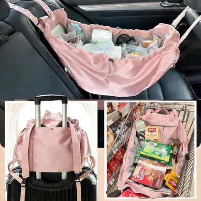 Tote Bag Large Capacity Lightweight Backpack with 15 Pockets Nylon Shoulder Bag for Car Travel Mother Bag - color: Pink