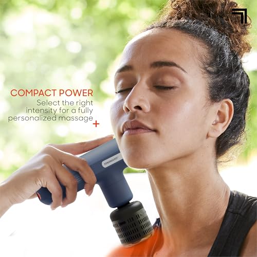 Sharper Image Deep Tissue Percussion Massage Gun, Powerboost Move Evo Hot & Cold Rechargeable Handheld Massager, 4 Adjustable Speeds, 5 Attachment Heads & Carrying Case, for Muscle Pain Relief, Blue - color: Navy - Hot + Cold