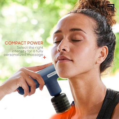 Sharper Image Deep Tissue Percussion Massage Gun, Powerboost Move Evo Hot & Cold Rechargeable Handheld Massager, 4 Adjustable Speeds, 5 Attachment Heads & Carrying Case, for Muscle Pain Relief, Blue - color: Navy - Hot + Cold