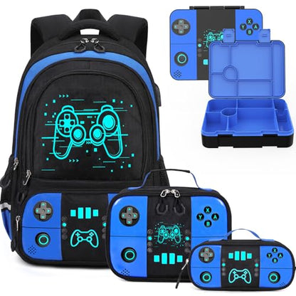 Bevalsa Backpack for Boys with 43OZ Bento Lunch Box,Insulated Lunch Bag & Pencial Case,Cool Luminous Gamer Schoolbag for Kids Teens Elementary Middle School,Bookbag Glow In The Dark - color: Blue Game, style: Modern