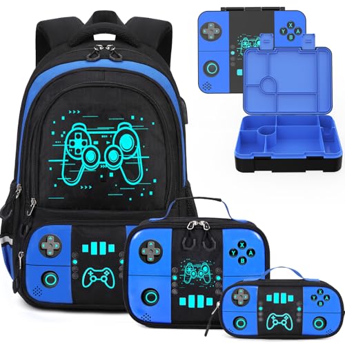 Bevalsa Backpack for Boys with 43OZ Bento Lunch Box,Insulated Lunch Bag & Pencial Case,Cool Luminous Gamer Schoolbag for Kids Teens Elementary Middle School,Bookbag Glow In The Dark - color: Blue Game, style: Modern