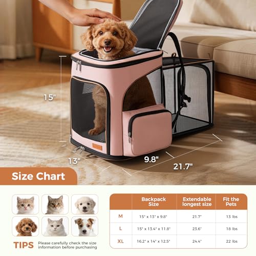 Lekereise Pet Carrier Backpack Expandable Cat Backpack for Small Dogs Cats, Dog Backpack Bag with Breathable Mesh, Pink - color: Pink, size: 23.6"L x 13.4"W x 15.0"H