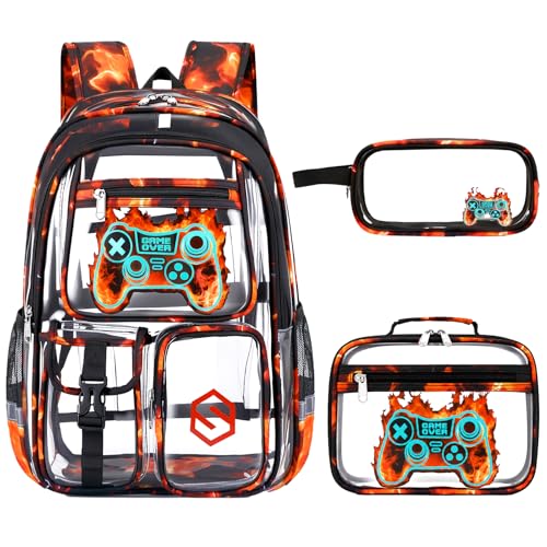 DIGOBAY 3PCS Cool Luminous Clear Backpack for Boys Kids, Gamer Clear Bookbag for School, See Through PVC Transparent Backpacks with Lunch Bag Pencil Case, Backpack Heavy Duty for School Stadium - color: Red Flame