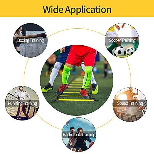 12 Rungs Agility Ladder Set, Training Ladder with Steel Stakes and Carry Bag for Soccer, Speed Fitness Feet Training - color: 4 Pack-Yellow