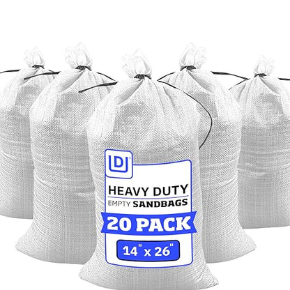 DURASACK Heavy Duty Sand Bags with Tie Strings Empty Woven Polypropylene Sand-Bags for Flood Control with 1600 Hours of UV Protection, 50 lbs Capacity, 14x26 inches, White, Pack of 20 - color: White, size: 20 Sandbags