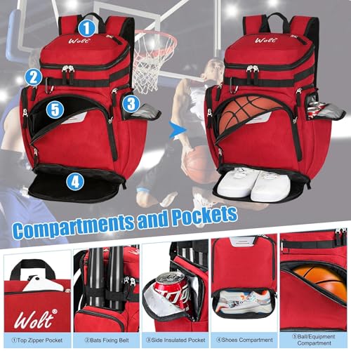 WOLT Basketball Backpack, Basketball Bag for Men with Shoes Compartment, Sports Backpack for Baseball, Soccer, Football - color: DarkRed