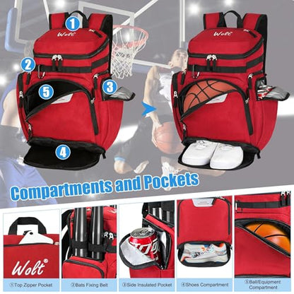 WOLT Basketball Backpack, Basketball Bag for Men with Shoes Compartment, Sports Backpack for Baseball, Soccer, Football - color: DarkRed