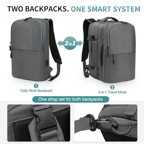 2-in-1 Travel Backpack for Men, Expandable 16" Laptop Backpack with Detachable Briefcase, Water-Resistant Carry-On Business Bag with USB-C, Gray - color: Gray