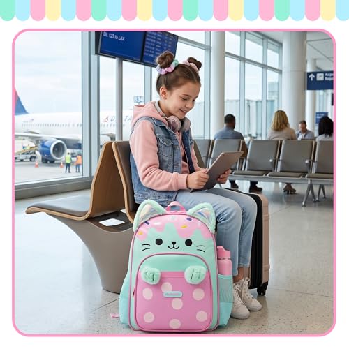 School Backpack for Girls,Cute Cat Kids Bookbag 3PCS Set with Lunch Bag Pencil Case,Elementary Girls Backpack for School,Lightweight Travel Daypack - color: Green Pink Cat
