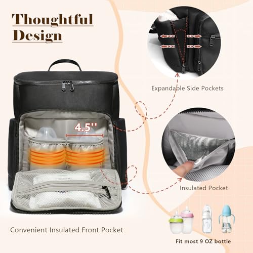 Diaper Bag Backpack, Neoprene Bag Backpack, Large Diaper Backpack with 16 Diaper Bag Organizers, 4 Insulated Pockets, Lighweight Travel Baby Bag with Changing Pad for Mom & Dad, Black - color: Black