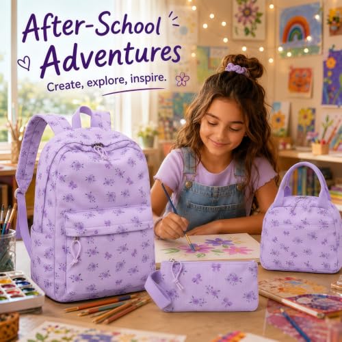 LEDAOU Kids Backpack for Girls Backpacks with Lunch Box, Lightweight Bookbag Set Elementary Middle School Back pack for 8-14 - color: Small Flower Bow - Purple