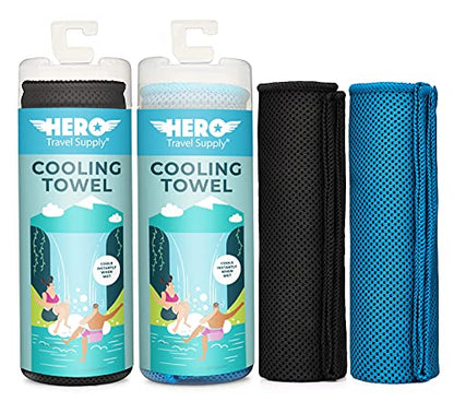 Hero Cooling Towel for Travel, Hiking, Sports, Yoga (2-Pack) Ultra Soft Microfiber 40" x 12" (Black/Blue) - color: Black/Blue