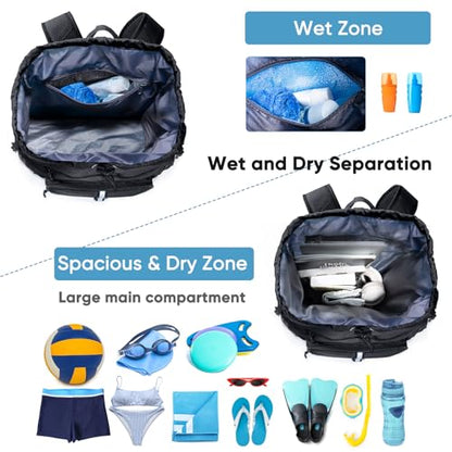 Large Beach Backpack w/Shoe Compartment &Detachable Ball Mesh Bag - color: Black