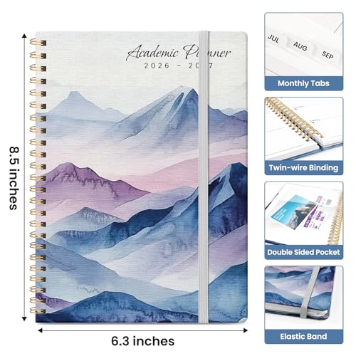 Planner 2026-2027, Academic Monthly and Weekly Calendar Planner for Women, July 2026 - June 2027, Hardcover Pretty Agenda Planner Book with Tabs, Spiral Daily Organizer for School Office Home Supplies, 6.3" x 8.5" - Distant Peaks - color: F-Distant Peaks,