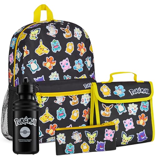 Pokemon Backpack Set 4 Pcs for Kids with Backpack Water Bottle Pencil Case Lunch Bag or Wallet Anime School Supplies Gifts (Black/Multi) - color: Black/Multi