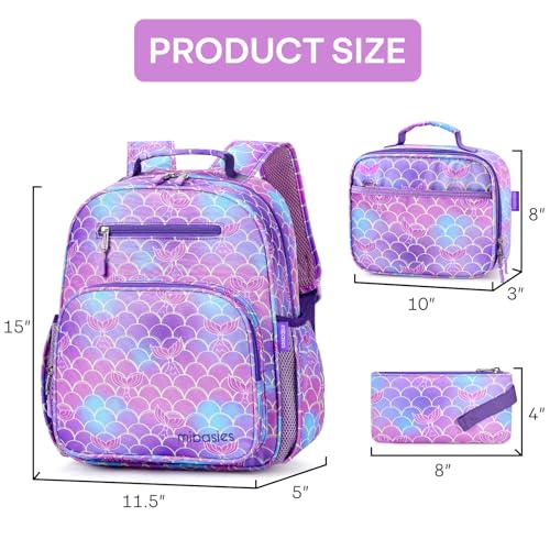mibasies Girls Backpack with Lunch Box: 3PCS Kids Backpack Set for Kindergarten Elementary - 15 IN Cute Bookbag - Mermaid Tail - color: Mermaid Tail