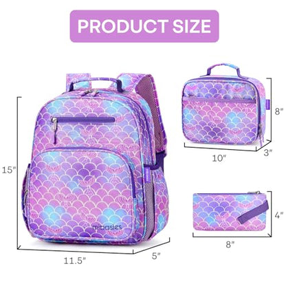 mibasies Girls Backpack with Lunch Box: 3PCS Kids Backpack Set for Kindergarten Elementary - 15 IN Cute Bookbag - Mermaid Tail - color: Mermaid Tail
