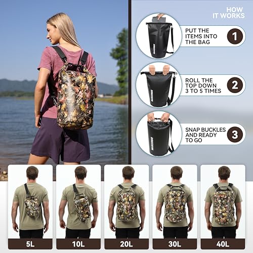 MARCHWAY Floating Waterproof Dry Bag Backpack 5L/10L/20L/30L/40L, Roll Top Sack Keeps Gear Dry for Kayaking, Rafting, Boating, Swimming, Camping, Hiking, Beach, Fishing - color: Leaf Camo, size: 5L