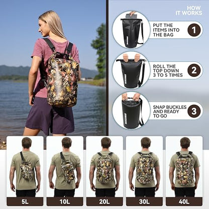 MARCHWAY Floating Waterproof Dry Bag Backpack 5L/10L/20L/30L/40L, Roll Top Sack Keeps Gear Dry for Kayaking, Rafting, Boating, Swimming, Camping, Hiking, Beach, Fishing - color: Leaf Camo, size: 5L