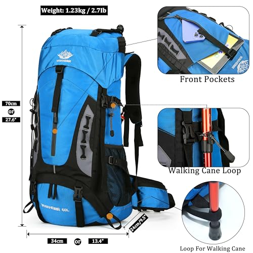 YFREAL 60L Travel Hiking Camping Backpack with Rain Cover,Backpack Water Resistant,Climbing Backpack for Men Women (BLUE) - color: Blue