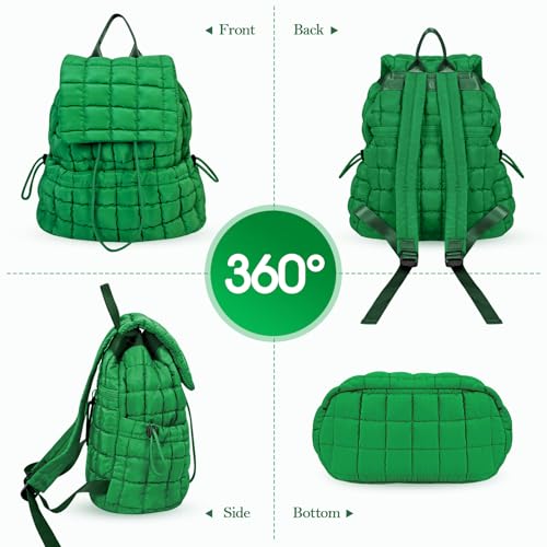 Quilted Puffer Backpack for Women Lightweight Soft Puffy Backpack Purse Casual Daily Drawstring Flap Daypack (Dark Green) - color: Dark Green