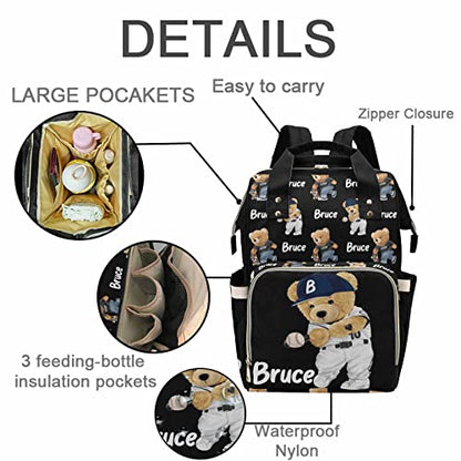 Artsadd Personalized Bear Diaper Bag Backpack for Baby Boys, Custom Name Large Capacity Multifunction Nappy Bags Mommy Waterproof Travel Daypack - color: Bear 09