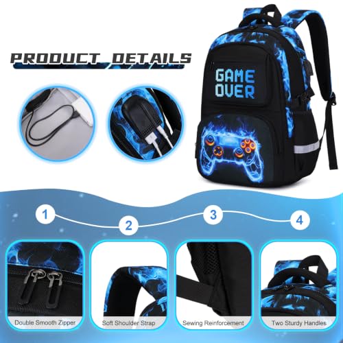 Scothen 3PCS Boys Backpack Set, Cool Backpack for Boys with Lunch Bag & Pencil Case, Kids School Bag Teen Boy Bookbag for Kindergarten Elementary Middle School with USB Charging Port - color: Blue Flame