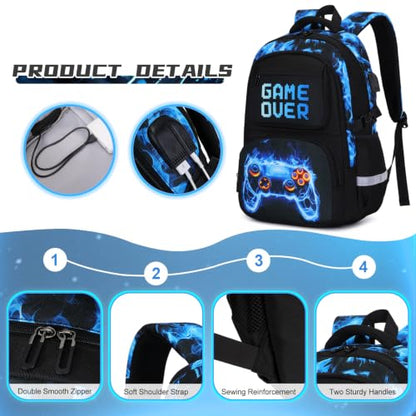 Scothen 3PCS Boys Backpack Set, Cool Backpack for Boys with Lunch Bag & Pencil Case, Kids School Bag Teen Boy Bookbag for Kindergarten Elementary Middle School with USB Charging Port - color: Blue Flame