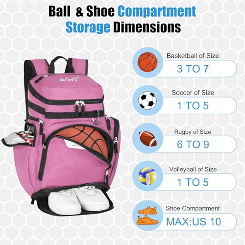 WOLT Basketball Backpack, Basketball Bag for Men with Shoes Compartment, Sports Backpack for Baseball, Soccer, Football - color: Pink