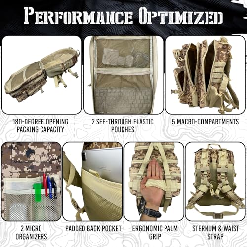 AMERICANPHOENIX 45L Elite Tactical Backpack | 3X Stronger Work & Military Backpack | Water Resistant and Heavy Duty | 3 Day MOLLE Bug Out Bag (Sand Storm) - color: Sand Storm