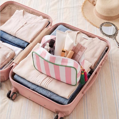 Kacctyen 6 Pack Light Pink and White Striped Makeup Bag bulk with Tassel Travel Cosmetic Pouch Organizer Large Zipper Toiletry Case for Women Aesthetic Storage Pouch Mahjong Tile Bag - color: Light Pink and White