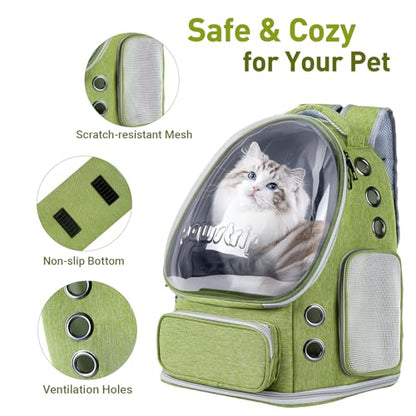 Cat Backpack Carrier with Large Space Bubble Window, Airline Approved Breathable Pet Carrier for Small Dogs Cats up to 15lbs, Foldable for Travel Hiking & Outdoor Use - color: Green