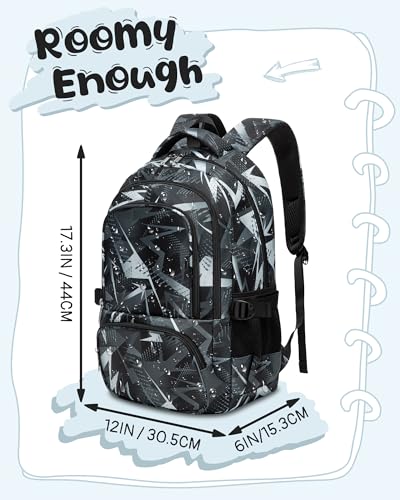BLUEFAIRY Kids School Backpack for Boys Girls Ages 6-8 8-10 10-12 Elementary Middle School Book Bags with Laptop Compartment Mochilas Escolares para Niños Niñas de 8 10 12 Años (Black, Geometric) - color: Black