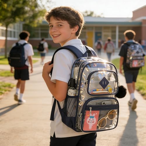 Heavy Duty Clear Backpack for Girls Boys Transparent School Bookbag Kids Durable PVC See Through Backpack-Navy Blue - color: Navy Blue