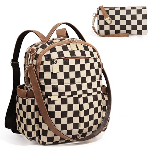 Checkered Backpack Purse Women Plaid Vegan Leather Fashion Travel Bag Large Designer Shoulder Handbag Commuter Brown (Plaid Brown) - color: Plaid Brown