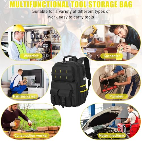 Tool Backpack, Heavy Duty Tool Bag with Padded Shoulder and Removable Tool Organizer, Water-Resistant Work Backpack, for Electrician, Plumber, HVAC, Cable Repairman, Black & Yellow - color: Black & Yellow