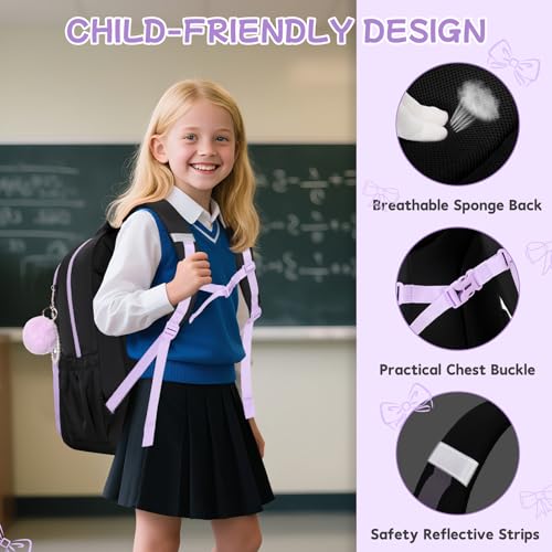 Girls Backpack, School Backpack for Girls, Cute Bow Kids Bookbag for Grils Children Teens for Elementary Middle High School Student, Back To School, Black Purple 3pcs - color: Black Purple-3pcs