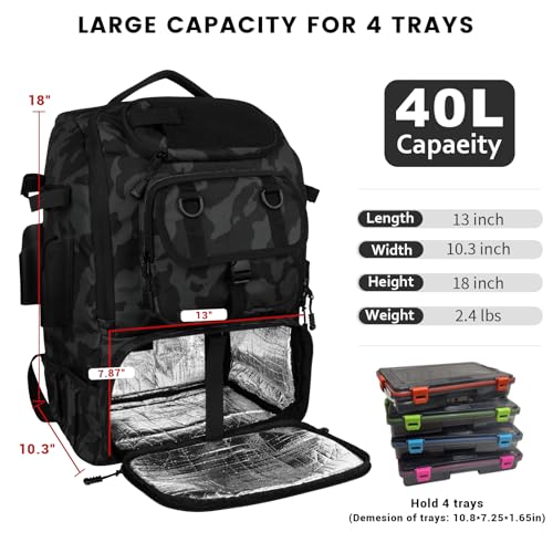 Hp hope Fishing Backpack with Rod Holders & Cooler, 40L Fishing Tackle Bag Fishing Tackle Storage Backpack Fishing Gear for Camping, Black Camo - color: Black Camo