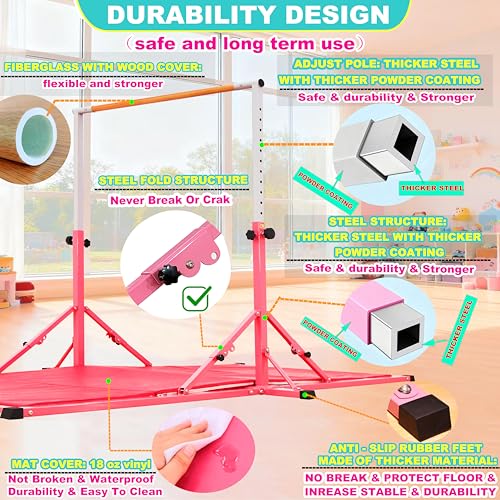 Marfula Gymnastic Bar For Kid and Teenage of 3-25, 5Ft/8 FT Base Length 4Ft Width 5Ft Adjust Height, Gymnastic Kip Bar For Gymnast, Gymnastic Training Equipment For Professional Training Home Club Use - color: Pink (Bar with Mat - 8 Ft Base)