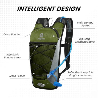 Nepest Hydration Backpack with 2L Water Bladder Water Back Pack, Black | 2L Water Bladder, Lightweight, Cycling, Hiking, Running, Biking, Bike - color: Green