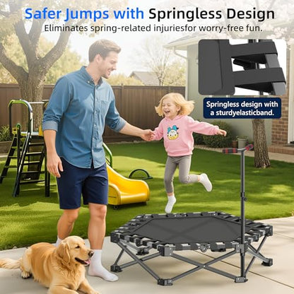 RYGEO Mini Fitness Trampoline with Adjustable Handle Bar, Black, Indoor Exercise Rebounder for Kids, Foldable Frame