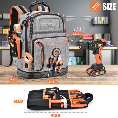 Tool Bag Backpack, 75 Pockets & Loops Heavy Duty Tools Organizer Bags/HVAC Tool Carrier for Eelectrician/Construction Work with Molded Base and Combination Lock, Large, Grey - color: Grey