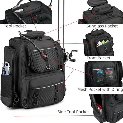 WANOON Fishing Backpack,Tackle Bag,with Tackle Boxes. Large Fishing Bag, Strong Materials | Waterproof Fishing Bag,adjustable divider, hideable shoulder straps, SBS anti-rust zippers, for kayak bank fishing - color: Black, size: 42L-With Tackle Boxes