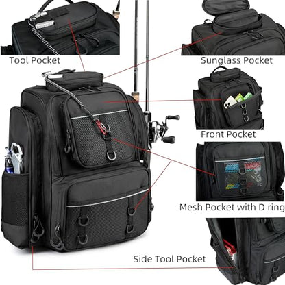 WANOON Fishing Backpack,Tackle Bag,with Tackle Boxes. Large Fishing Bag, Strong Materials | Waterproof Fishing Bag,adjustable divider, hideable shoulder straps, SBS anti-rust zippers, for kayak bank fishing - color: Black, size: 42L-With Tackle Boxes