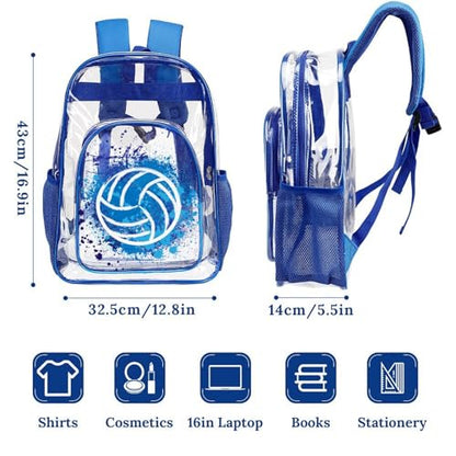 Volleyball Clear Backpack Heavy Duty for Girls Kids Boys Women | Large Cool PVC Volleyball Theme Printing Transparent Backpacks for Schools Stadium Concerts Work - Clear/Blue - color: Volleyball Clear Backpack 2 Blue With Front Pocket