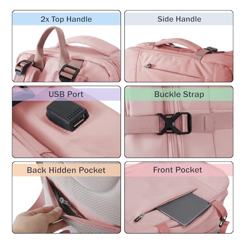 Travel Backpack, Expandable Large Capacity Business Work, Water Repellent Carry On Daypack with USB Charging Port, Fit 17 Inch Laptop, Bag for Men and Women, Pink - color: Pink