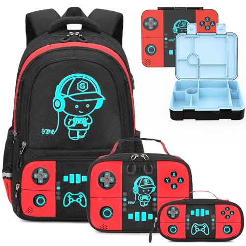 Bevalsa Backpack for Boys with 43OZ Bento Lunch Box,Insulated Lunch Bag & Pencial Case,Cool Luminous Gamer Schoolbag for Kids Teens Elementary Middle School,Bookbag Glow In The Dark - color: Red, style: Backpack With 43oz Bento Box