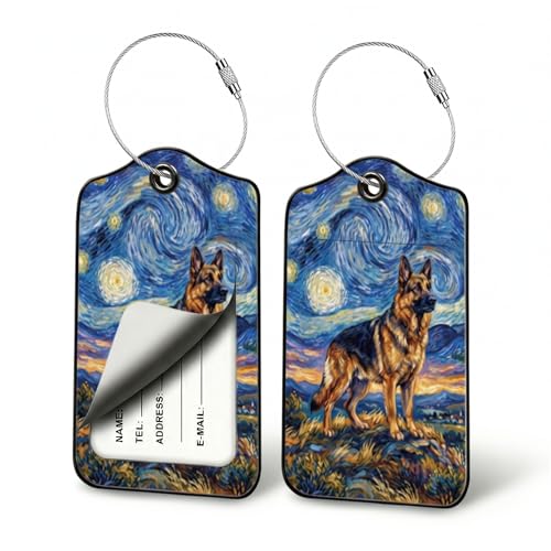German Shepherd Dog Luggage Tags for Suitcases, 2 Pack PU Leather Bag Tags | Privacy flap, steel wire loop, writable card, carry-ons, backpacks, duffel bags, gym bags, pet carriers, secure travel gifts - color: German Shepherd