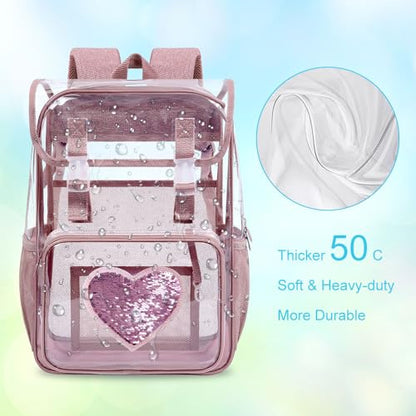3Pcs Pink Clear Backpack for Girls, School Kids Transparent Bookbag Set, 17" Stadium Approved See Through Backpack with Lunch Box (Pink) - color: Clear Sequins Pink